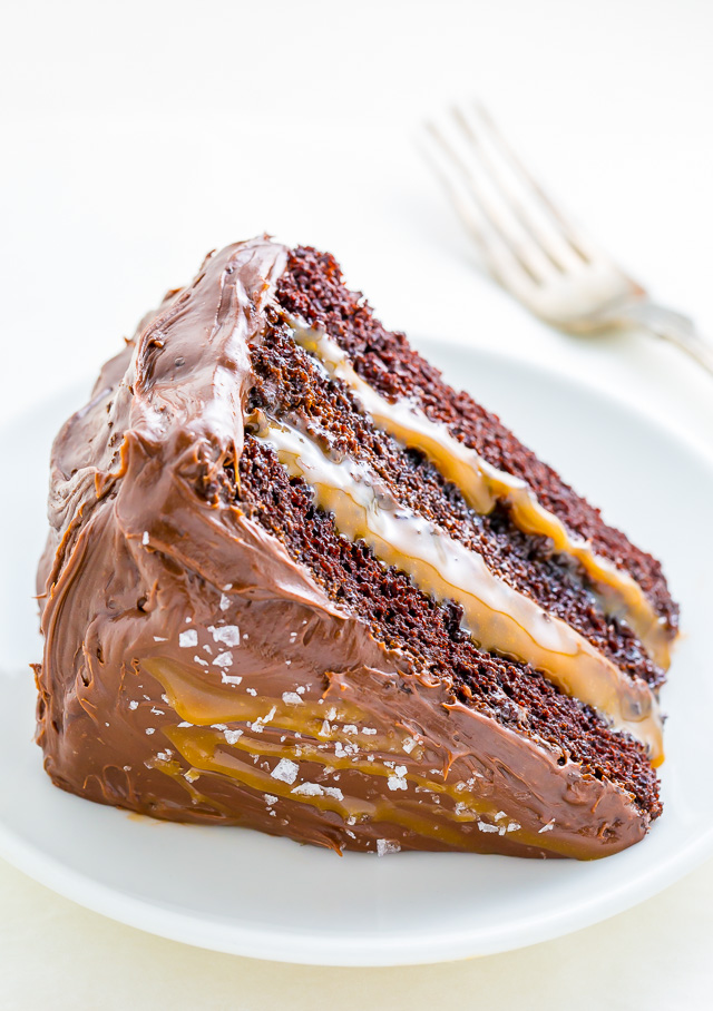 Three layers of Salted Caramel Chocolate Cake slathered in homemade Salted Caramel Chocolate Frosting. So decadent!